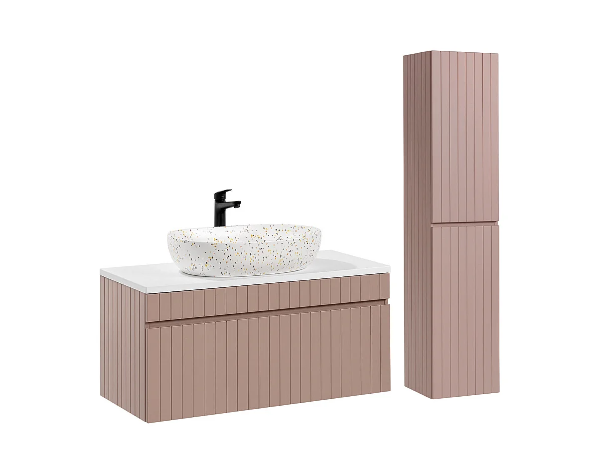 Ensemble meuble simple vasque 100cm et colonne Zelie Rose et Blanc