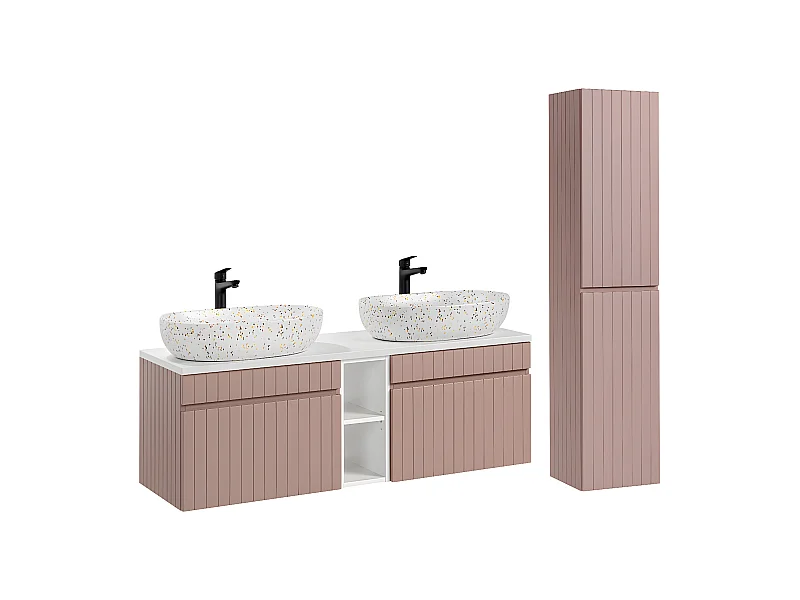 Ensemble meuble double vasque 140cm 2 niches et colonne Zelie Rose et Blanc
