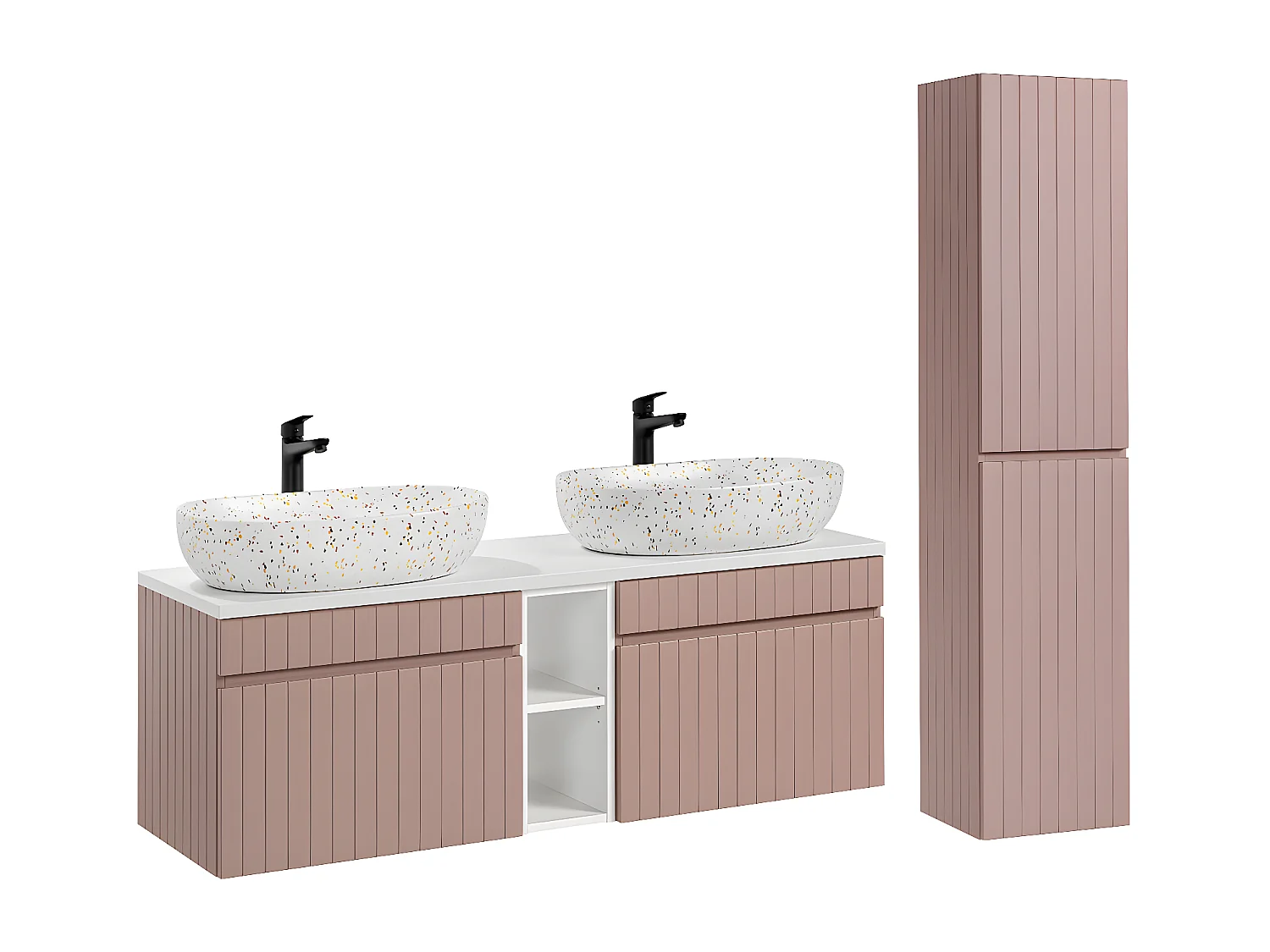Ensemble meuble double vasque 140cm 2 niches et colonne Zelie Rose et Blanc
