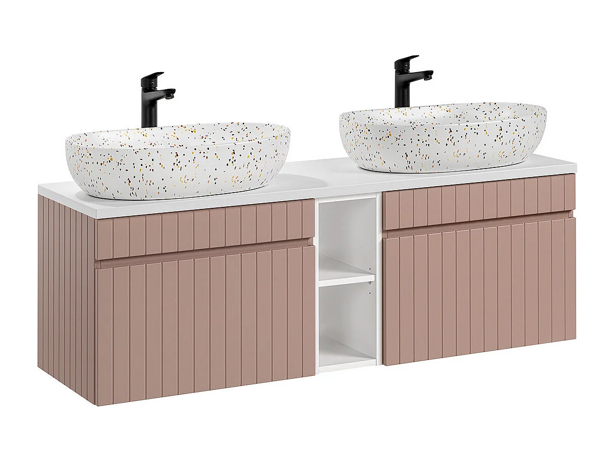 Zelie pink og hvid dobbelt håndvask 140 cm med 2 nicher og sokkel