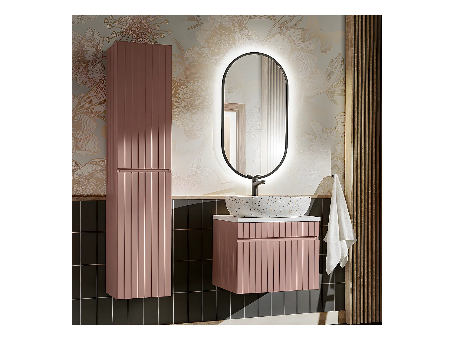 Ensemble meuble simple vasque 60cm et colonne Zelie Rose et Blanc