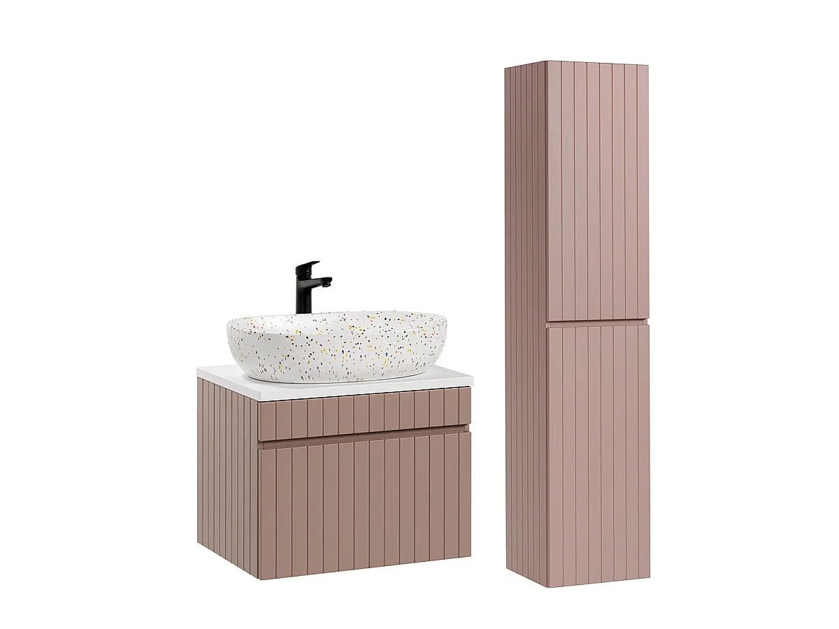 Ensemble meuble simple vasque 60cm et colonne Zelie Rose et Blanc
