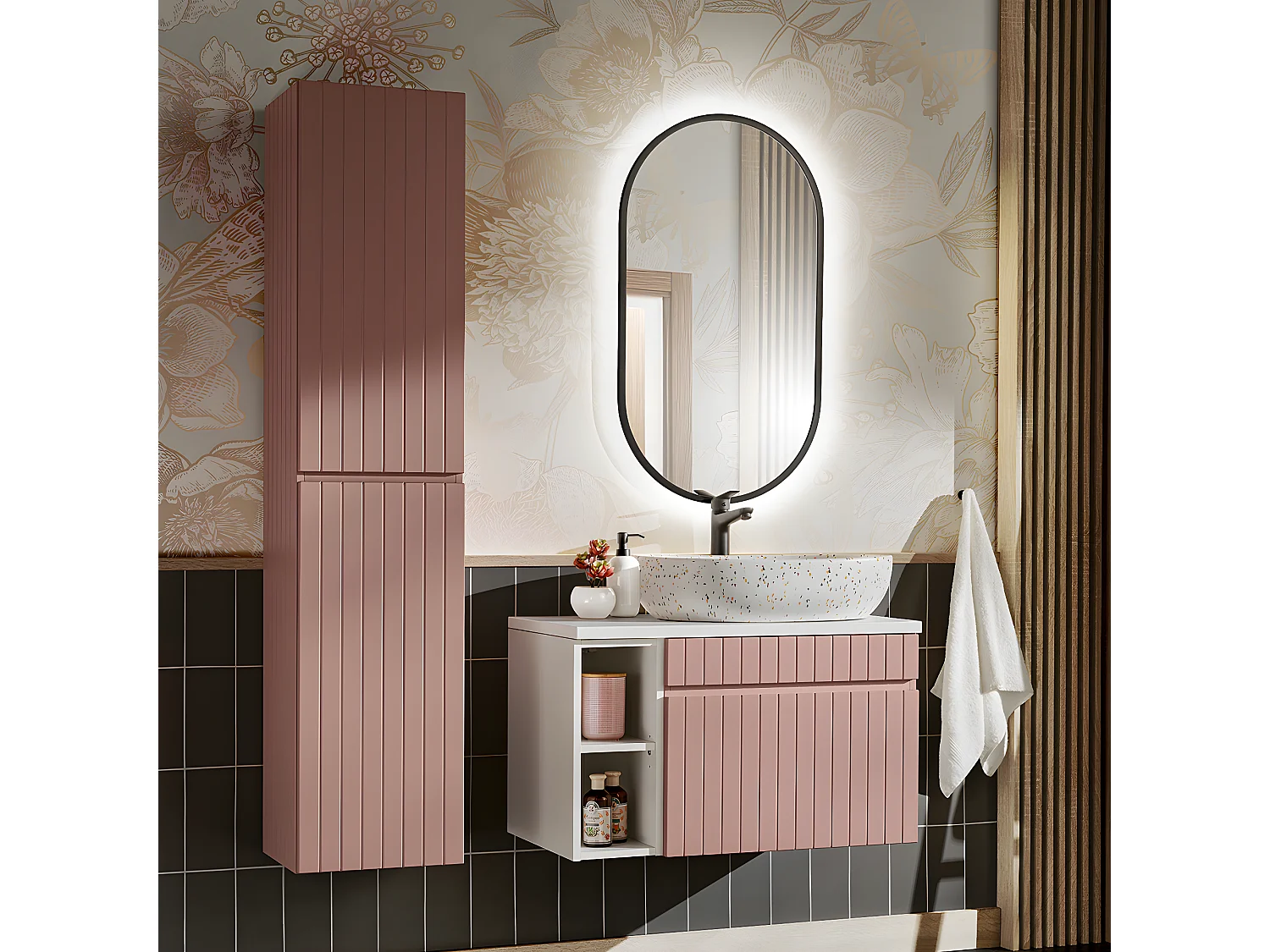 Meuble simple vasque 80cm 2 niches Zelie Rose et Blanc
