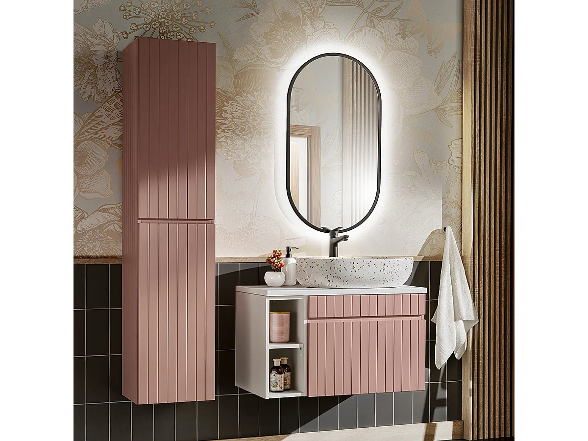 Meuble simple vasque 80cm 2 niches Zelie Rose et Blanc