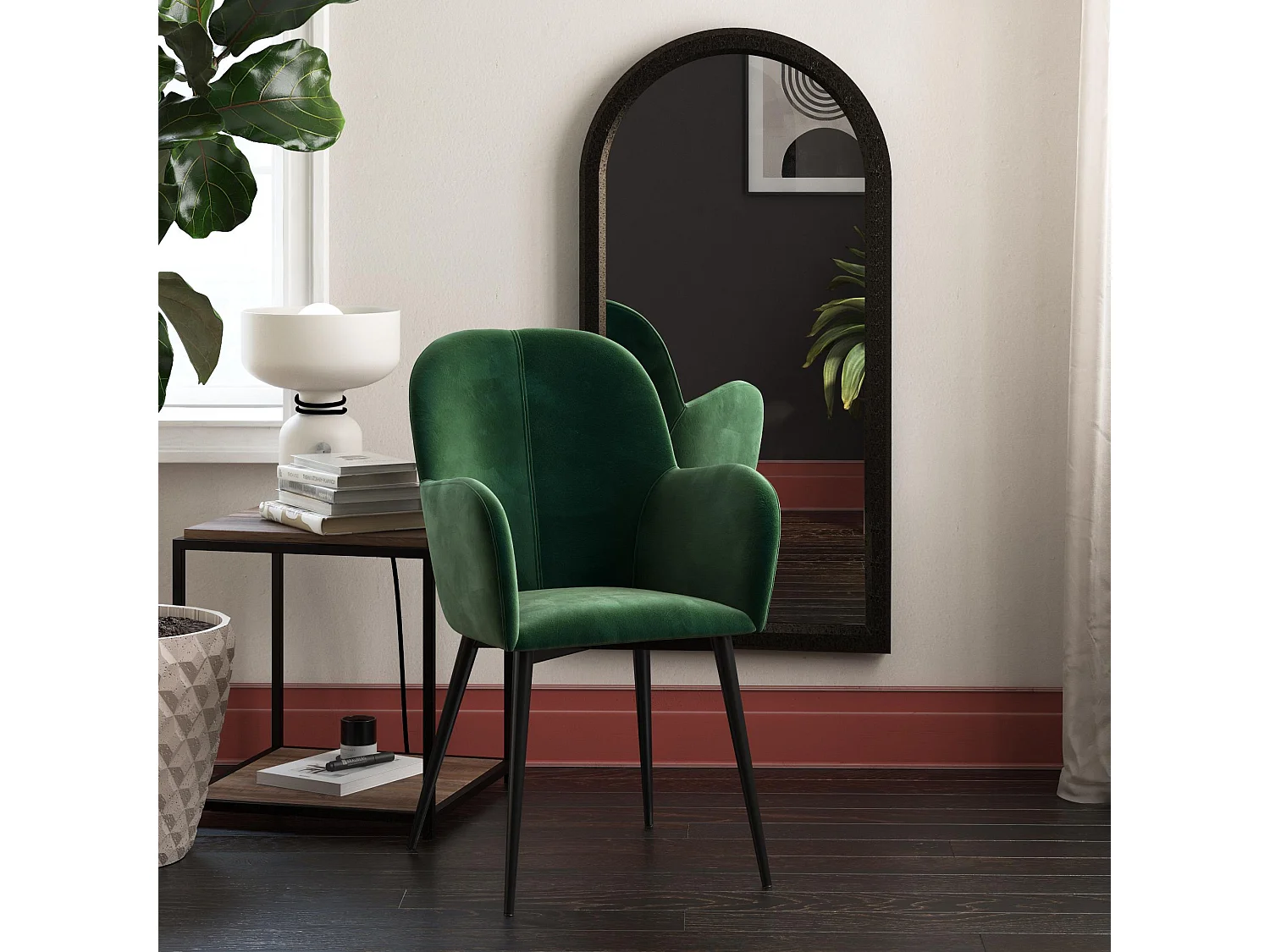 Fitz | Chaise tapissée en velours vert et pieds en métal noir