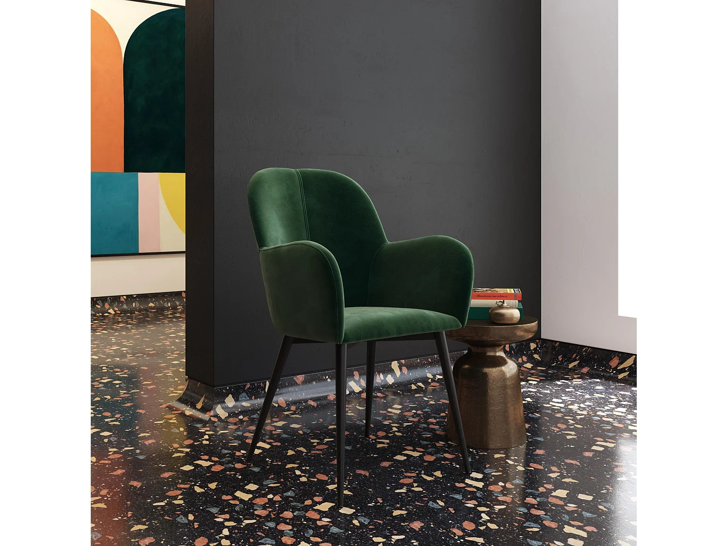 Fitz | Chaise tapissée en velours vert et pieds en métal noir