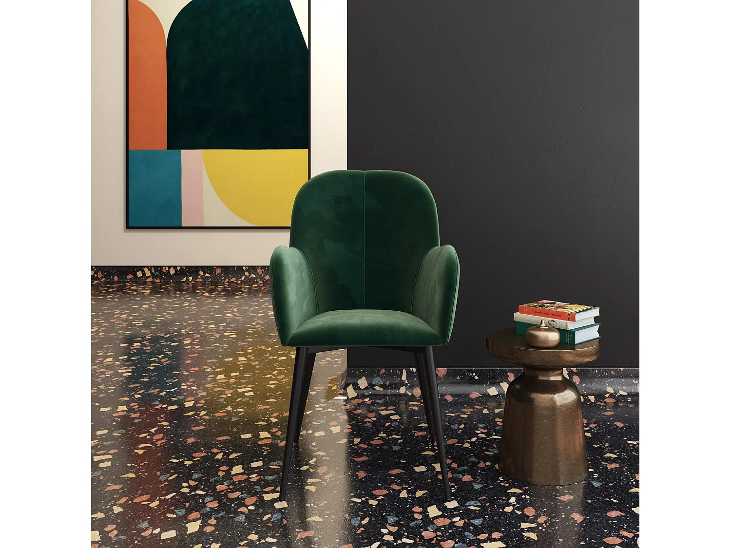 Fitz | Chaise tapissée en velours vert et pieds en métal noir