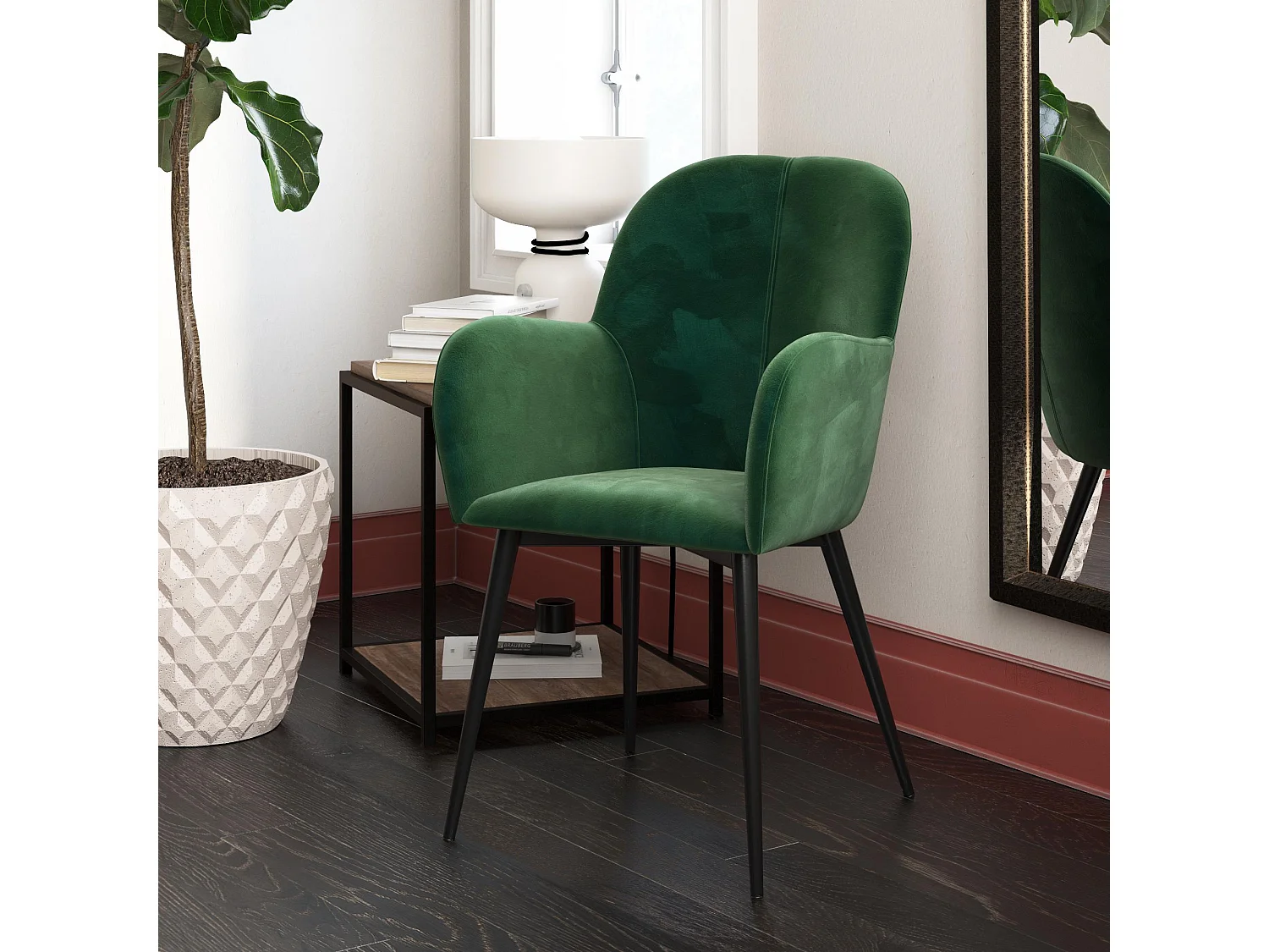 Fitz | Chaise tapissée en velours vert et pieds en métal noir