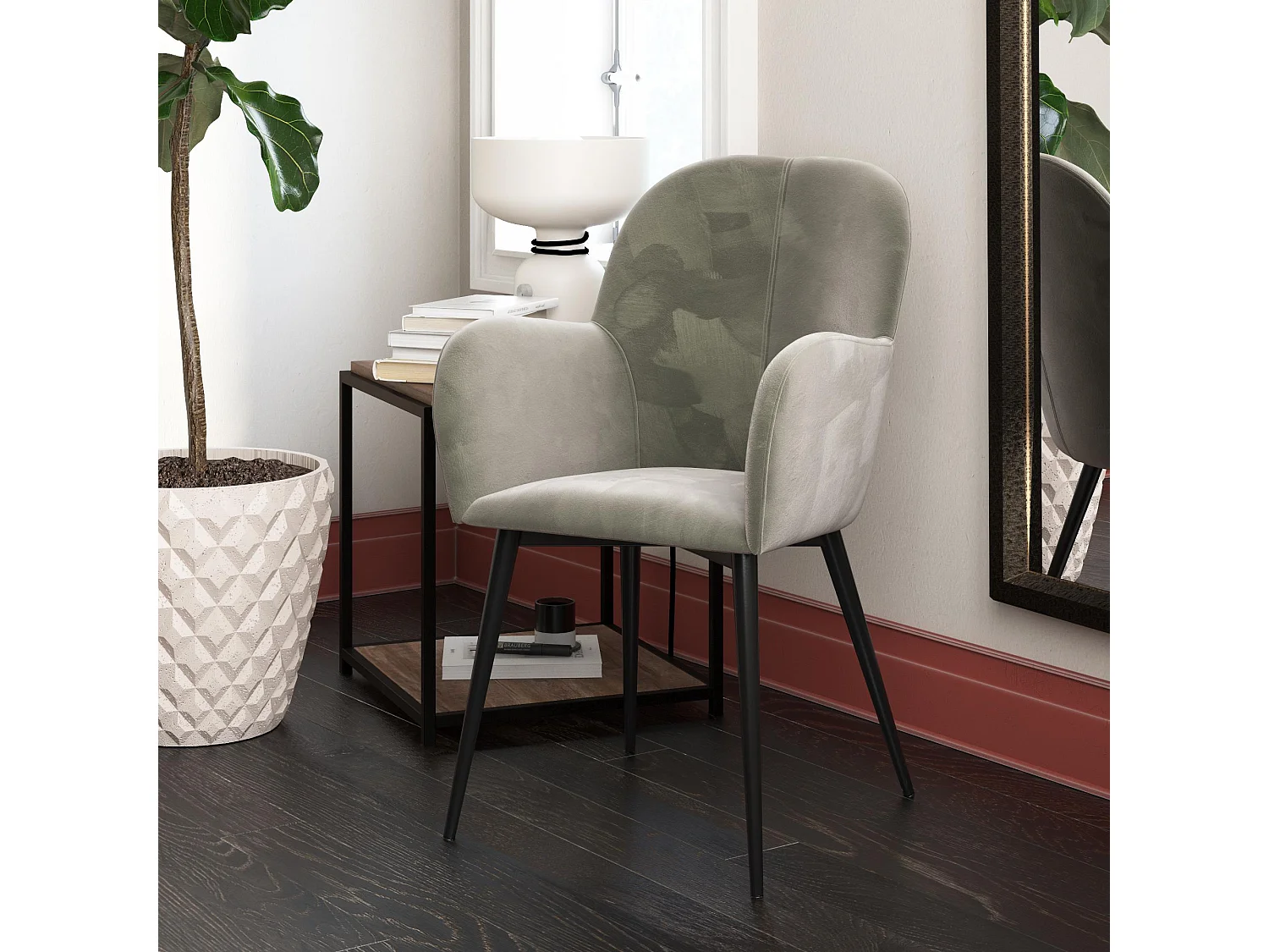 Fitz | Chaise tapissée en gris velours et pieds en métal noir