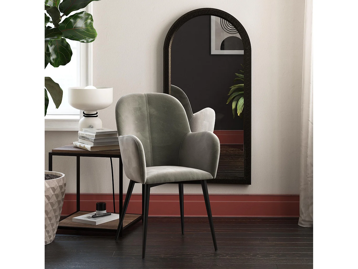 Fitz | Chaise tapissée en gris velours et pieds en métal noir