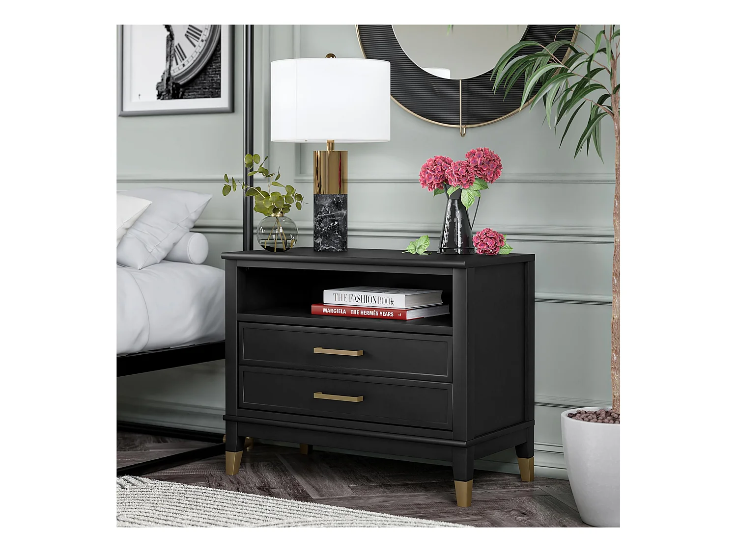 Westerleigh | Nachttisch mit 2 Schubladen und 1 Ablage in Schwarz