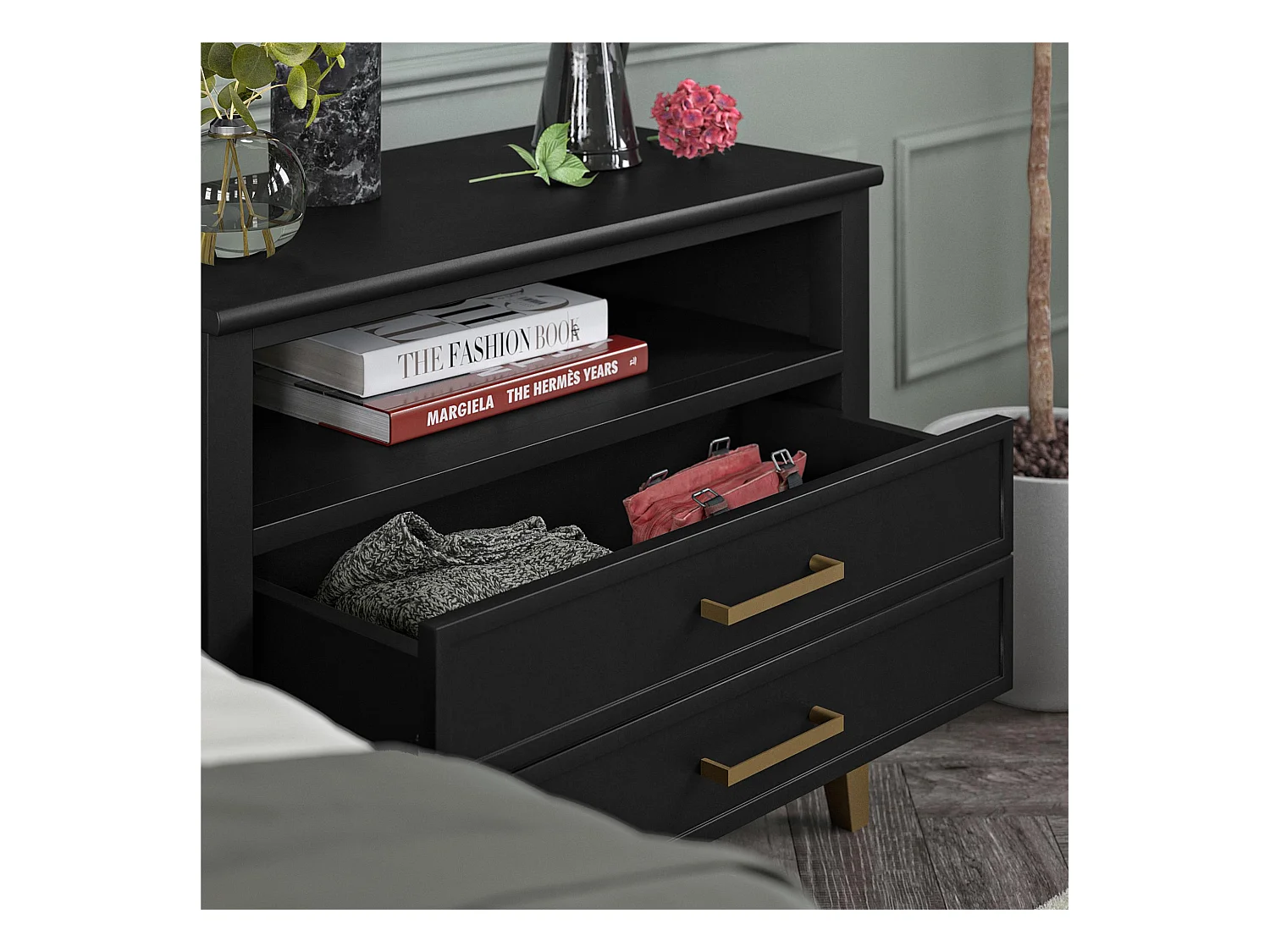 Westerleigh | Nachttisch mit 2 Schubladen und 1 Ablage in Schwarz