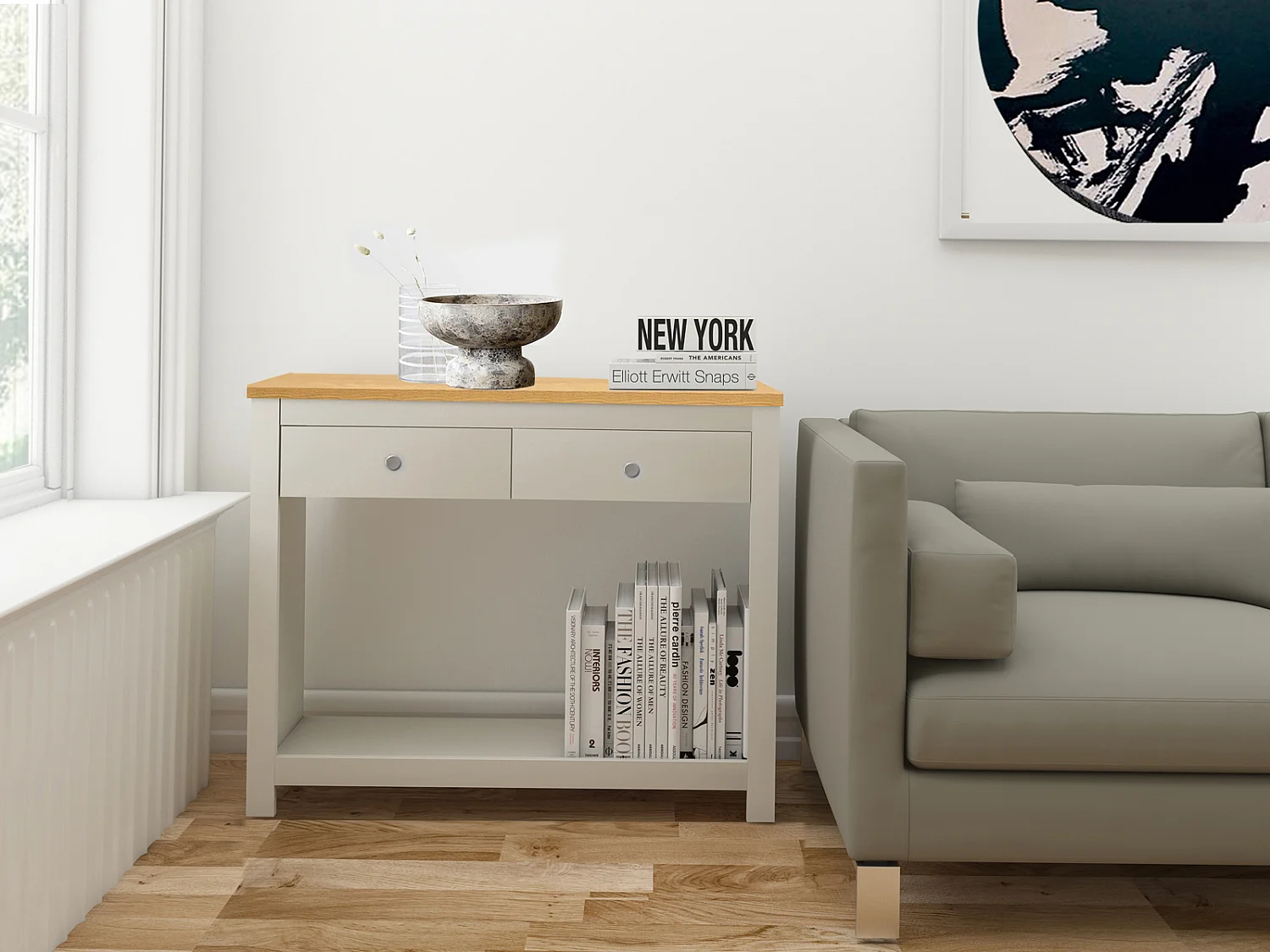 Emerald | Table console avec 2 tiroirs en MDF chêne et crème