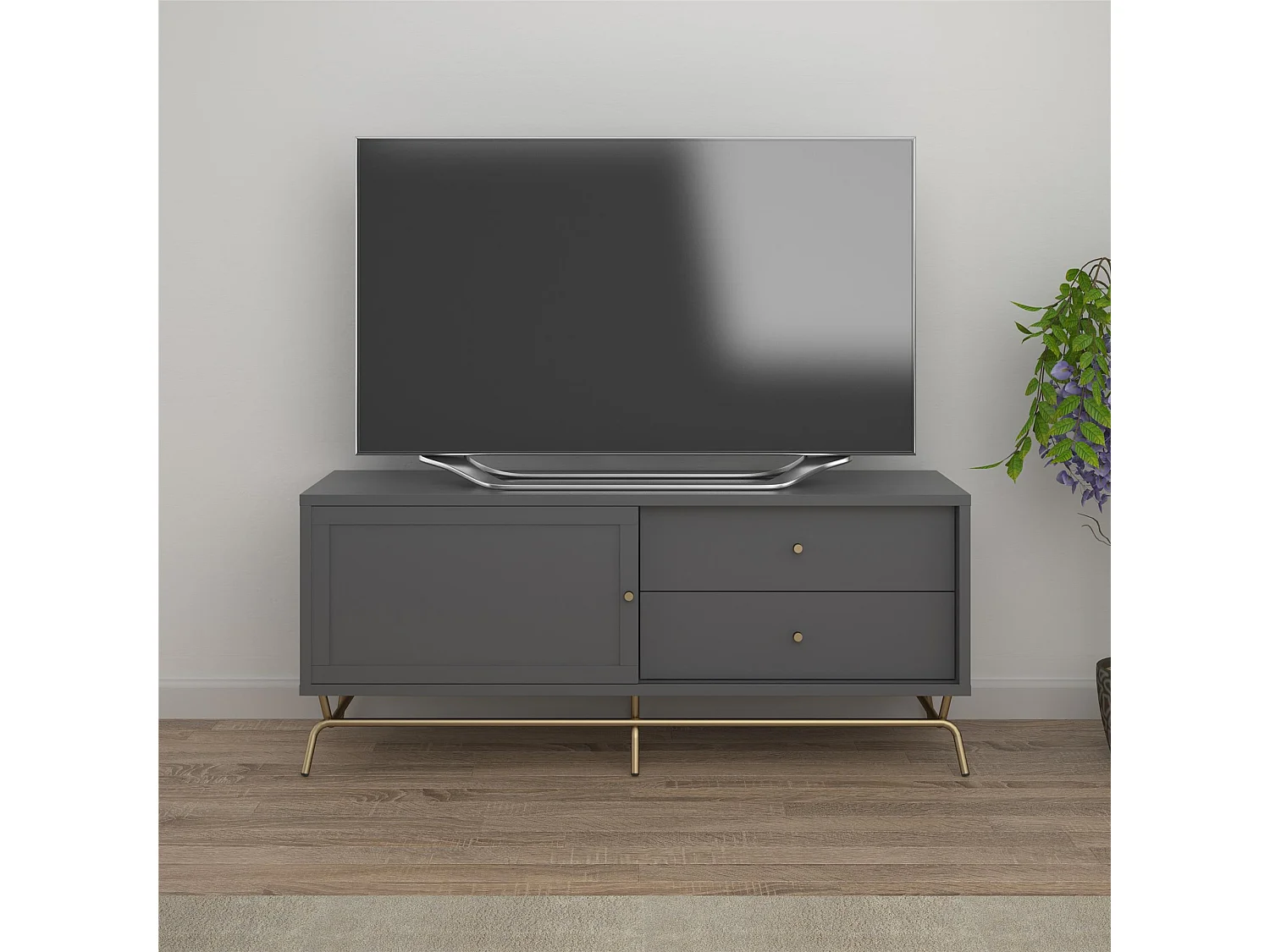 TV-meubel met 1 deur en 2 laden in spaanplaat grafietgrijs