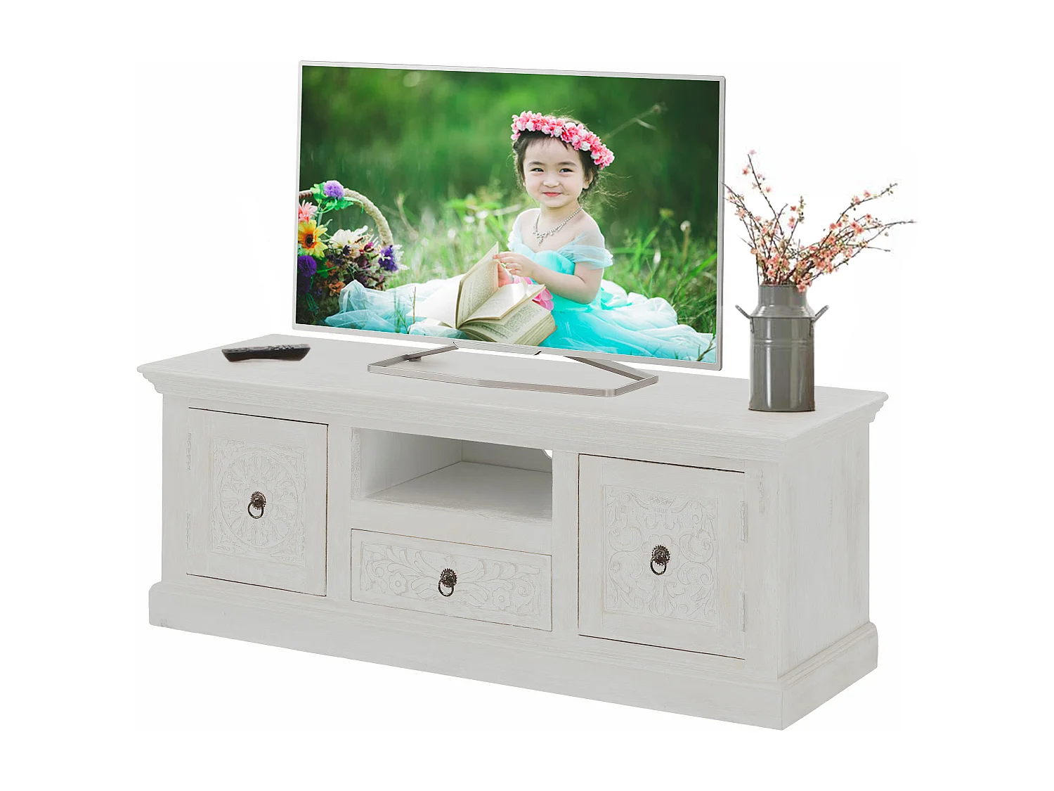 Armário de TV barroco com 2 portas de vidro em MDF cinzento