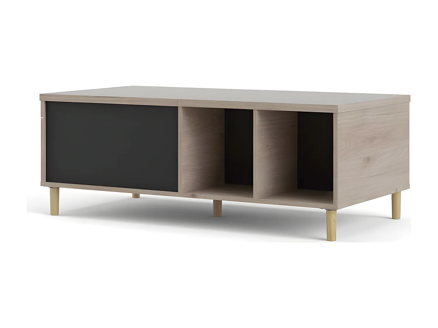Penny Table basse avec plateau extensible et 2 espaces de rangement, teinte Hickory et noir mat.