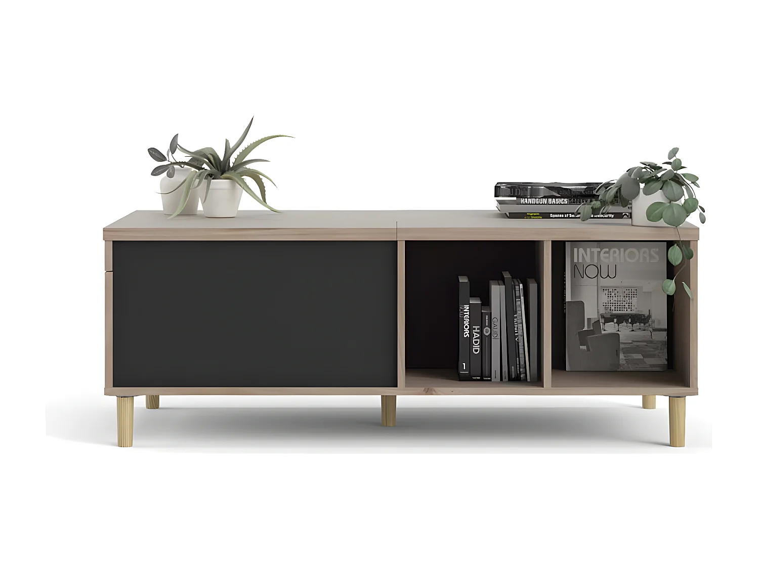 Penny Table basse avec plateau extensible et 2 espaces de rangement, teinte Hickory et noir mat.