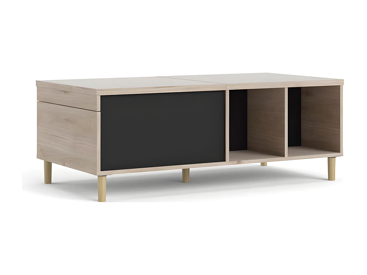 Penny salontafel met uittrekbaar bovenpaneel en 2 vakken Hickory decor en mat zwart.