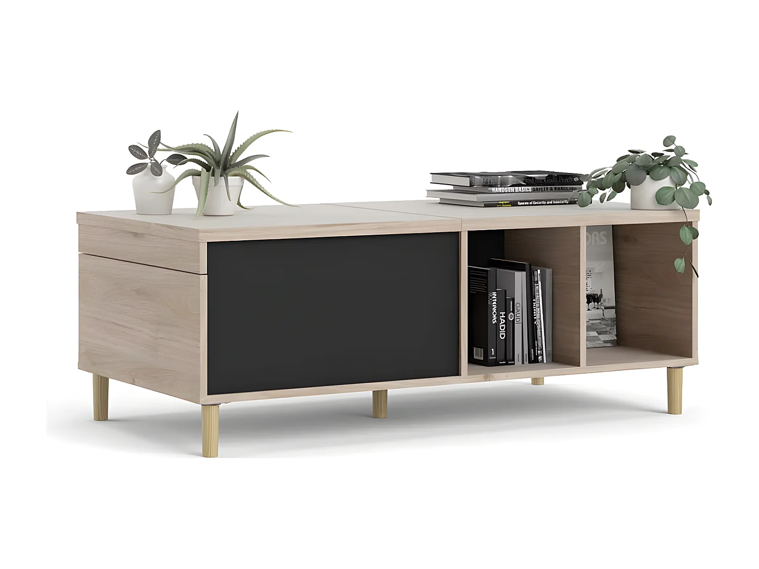 Penny salontafel met uittrekbaar bovenpaneel en 2 vakken Hickory decor en mat zwart.