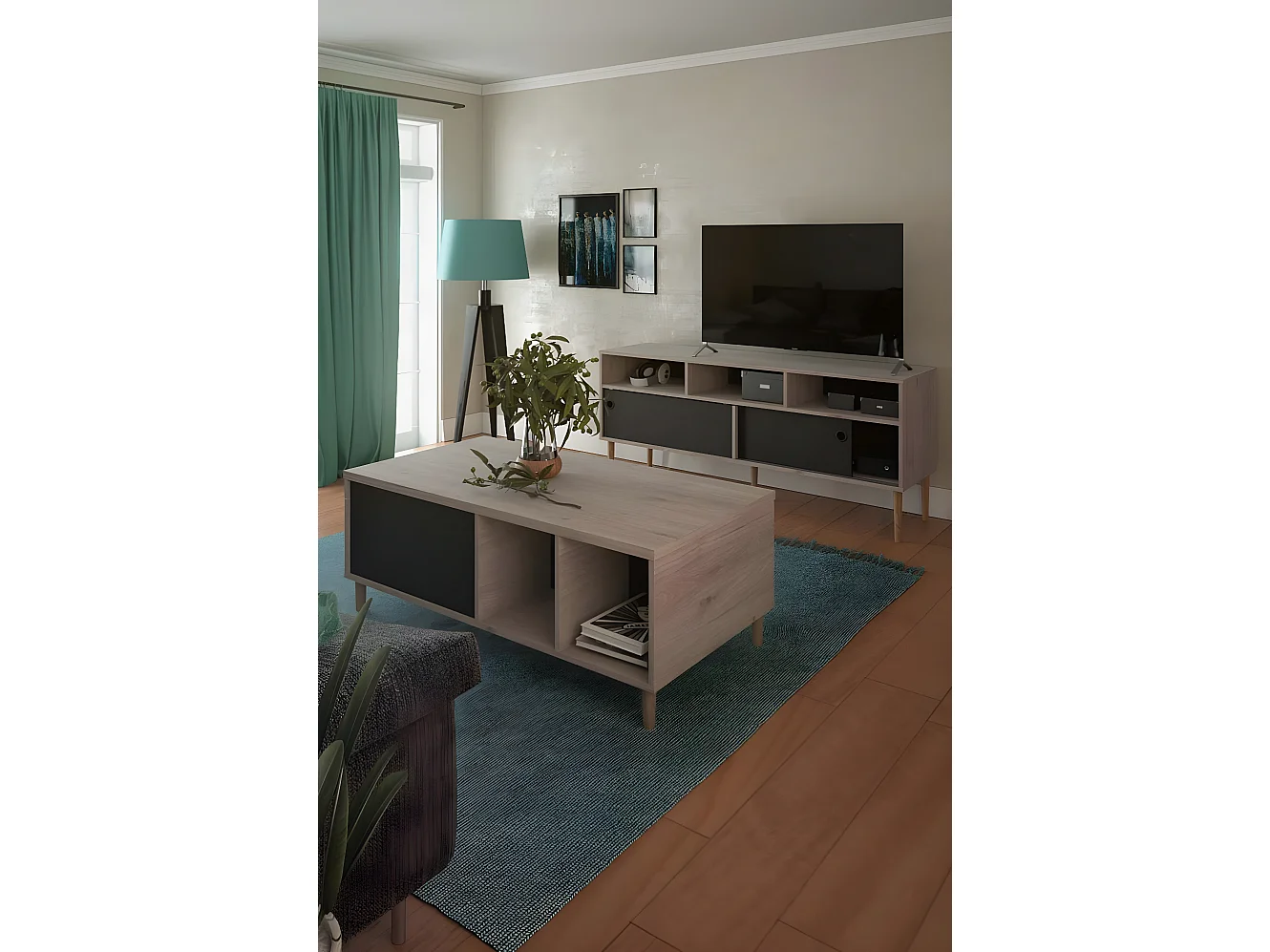 Penny salontafel met uittrekbaar bovenpaneel en 2 vakken Hickory decor en mat zwart.