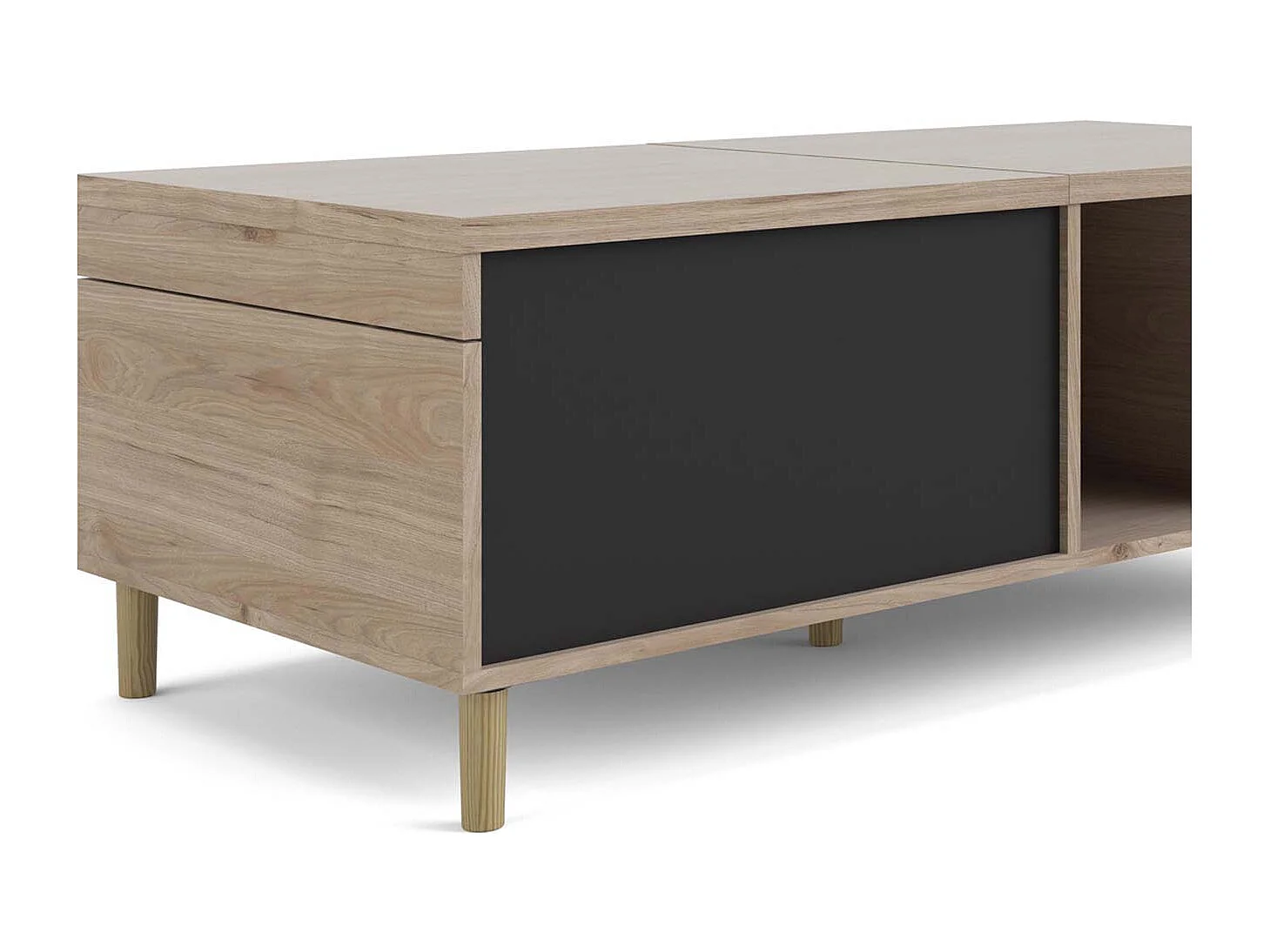 Penny Table basse avec plateau extensible et 2 espaces de rangement, teinte Hickory et noir mat.