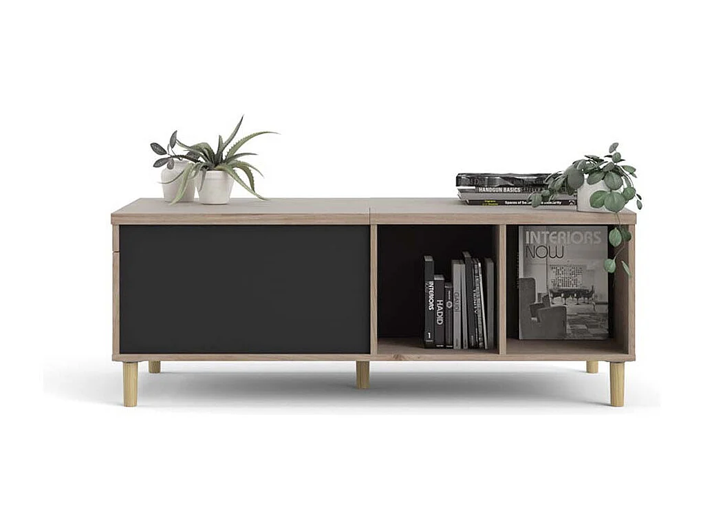 Penny Table basse avec plateau extensible et 2 espaces de rangement, teinte Hickory et noir mat.