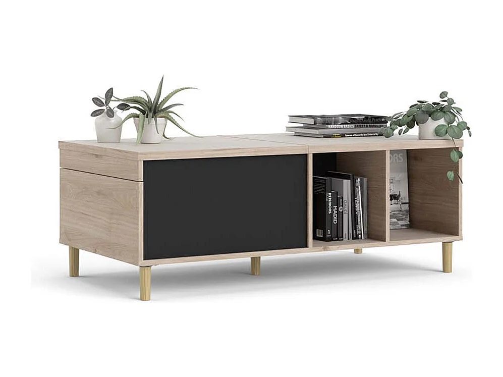 Penny Table basse avec plateau extensible et 2 espaces de rangement, teinte Hickory et noir mat.