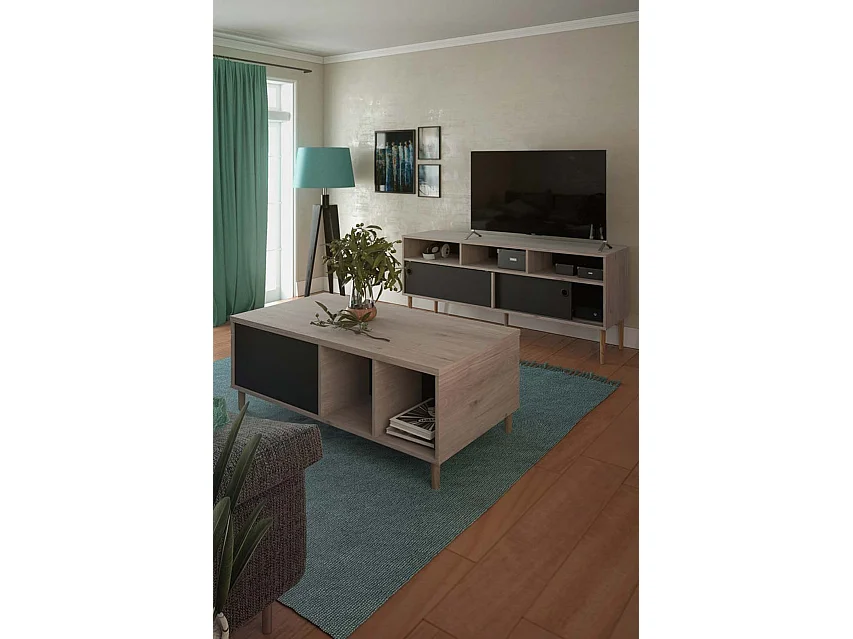 Penny Table basse avec plateau extensible et 2 espaces de rangement, teinte Hickory et noir mat.