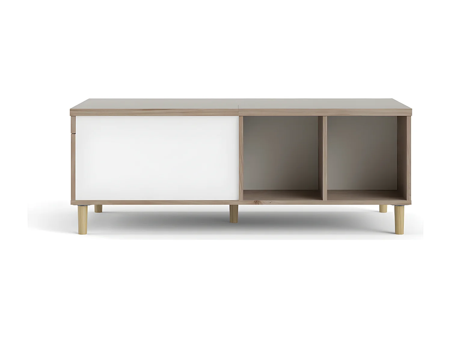 Penny Couchtisch mit ausziehbarer Deckplatte und 2 Fächern Hickory-Dekor und Mattweiß.