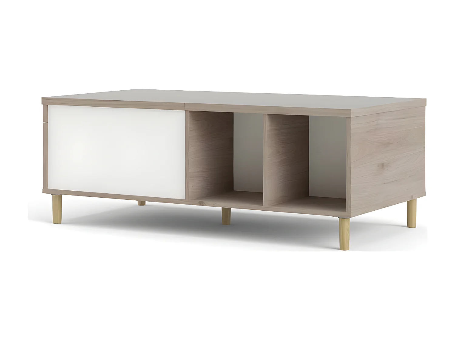 Penny Couchtisch mit ausziehbarer Deckplatte und 2 Fächern Hickory-Dekor und Mattweiß.