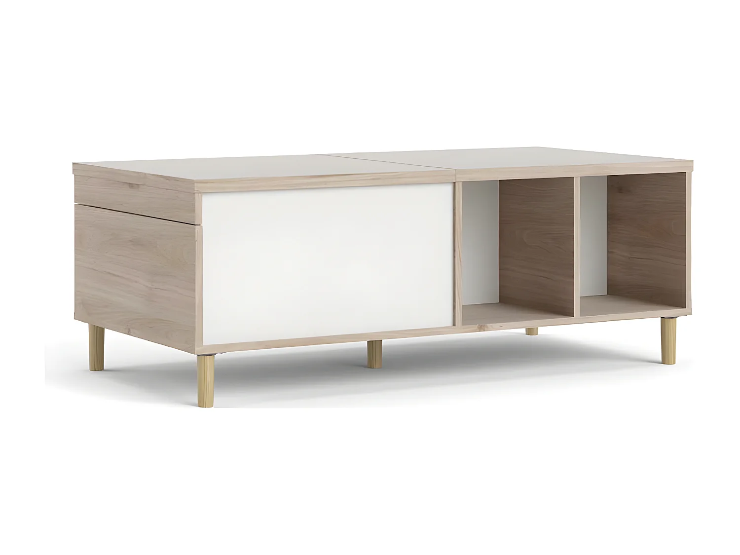 Penny Couchtisch mit ausziehbarer Deckplatte und 2 Fächern Hickory-Dekor und Mattweiß.