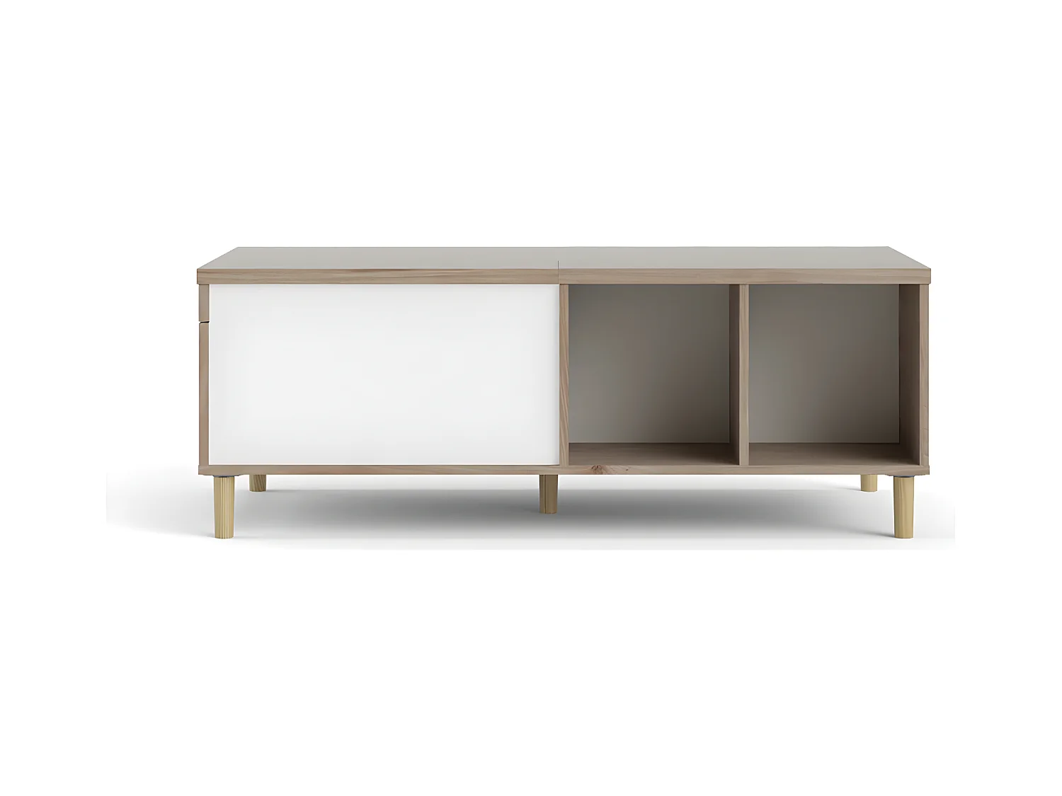 Penny Table basse avec dessus extensible et 2 espaces de rangement, teinte Hickory et blanc mat.