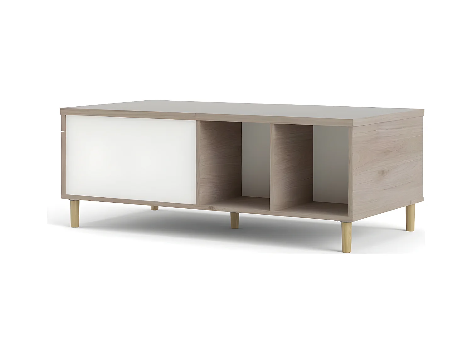 Penny Table basse avec dessus extensible et 2 espaces de rangement, teinte Hickory et blanc mat.