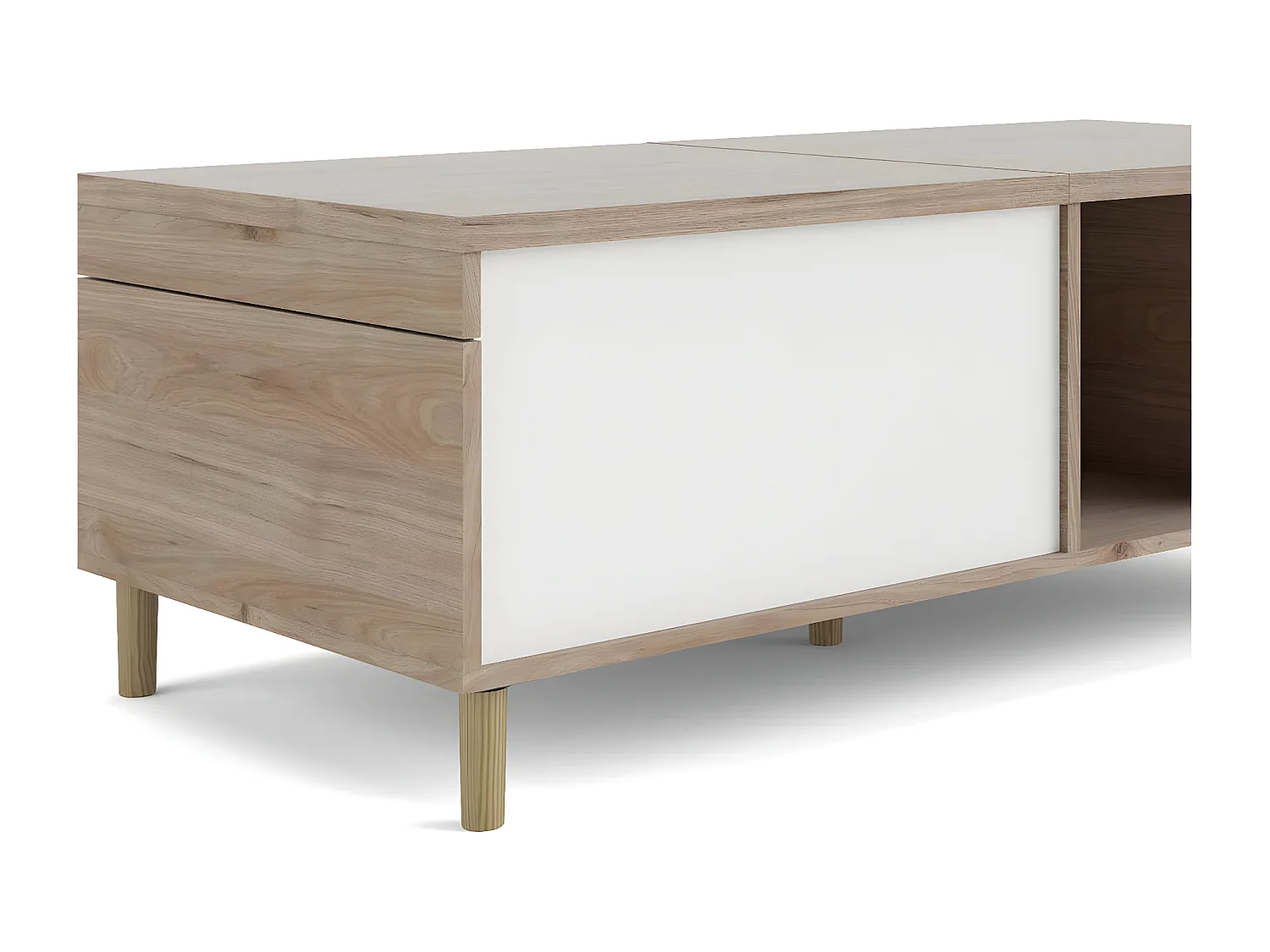 Penny Table basse avec dessus extensible et 2 espaces de rangement, teinte Hickory et blanc mat.