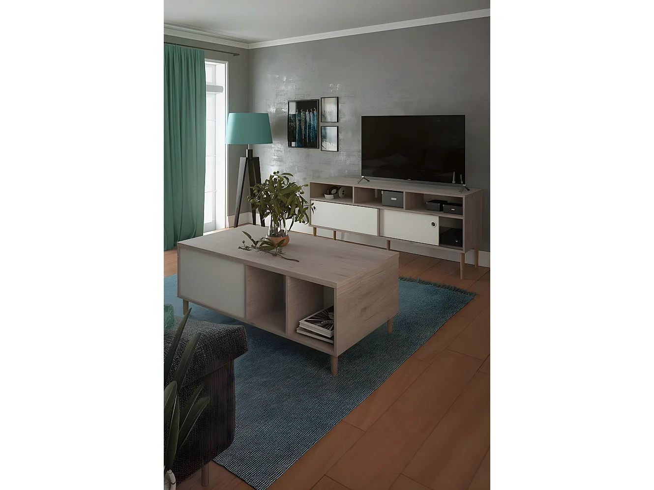 Penny Table basse avec dessus extensible et 2 espaces de rangement, teinte Hickory et blanc mat.