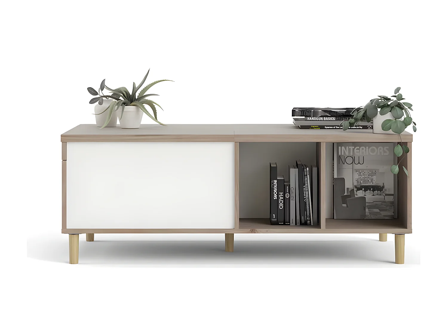 Penny salontafel met uittrekbaar bovenpaneel en 2 vakken Hickory decor en mat wit.