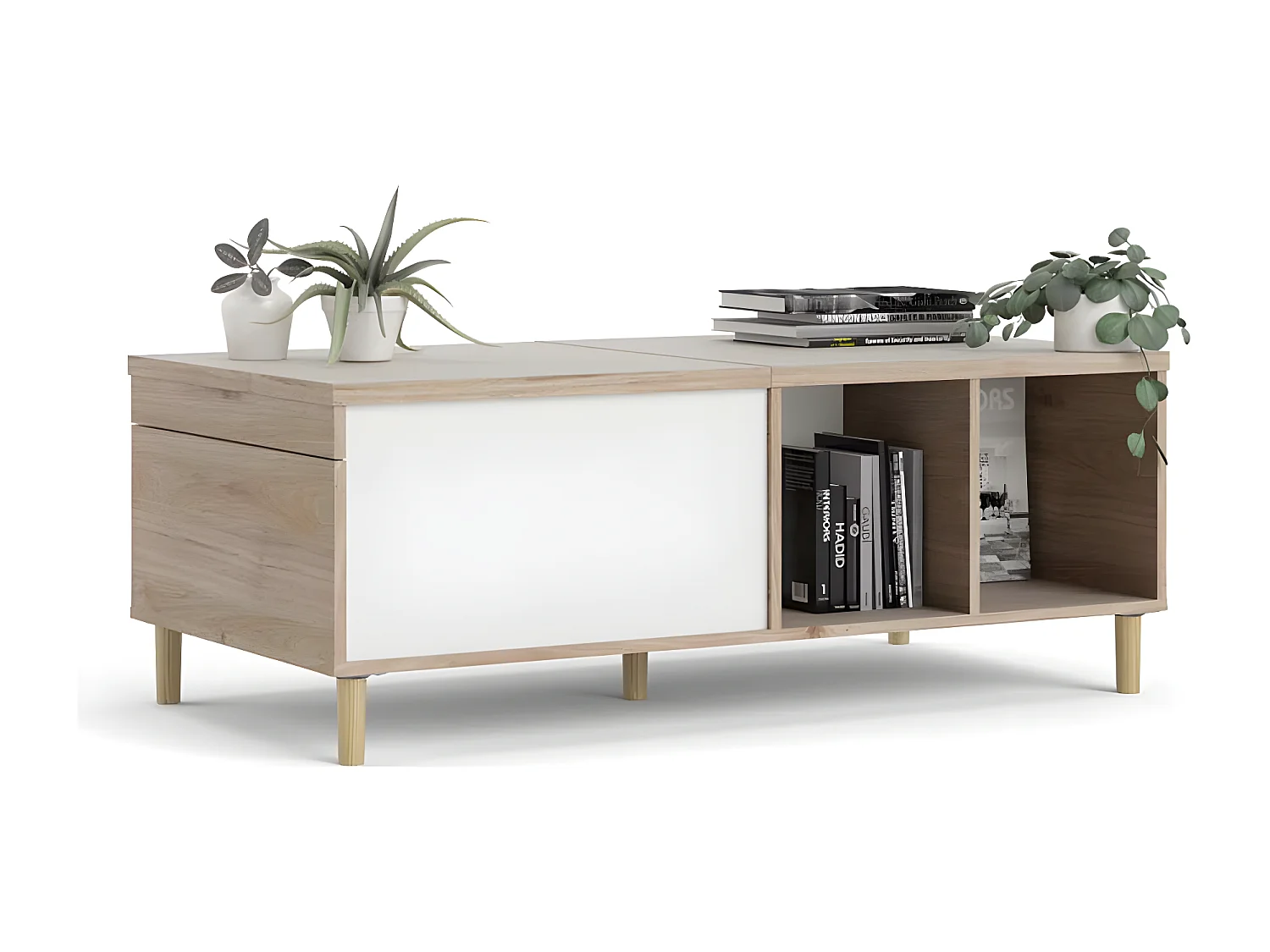 Penny salontafel met uittrekbaar bovenpaneel en 2 vakken Hickory decor en mat wit.