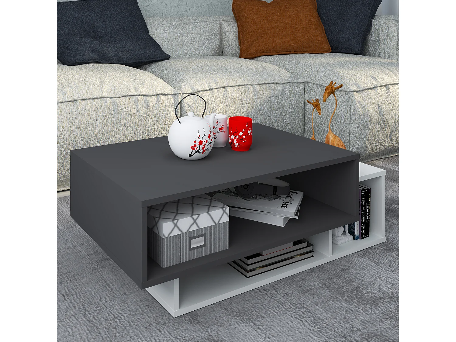 Side table & coffee table Esila White / Anthracite H. 35 x W. 88 x D. 50 cm