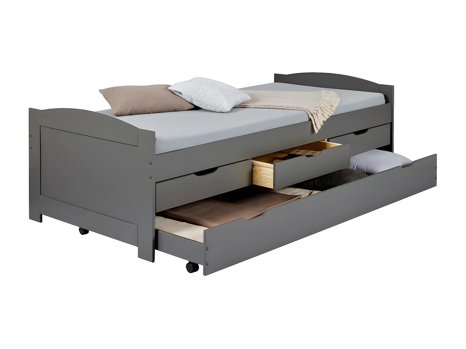 Lena bed met 1 uitschuifbed, 3 laden, incl 1 lattenbodem grijs.