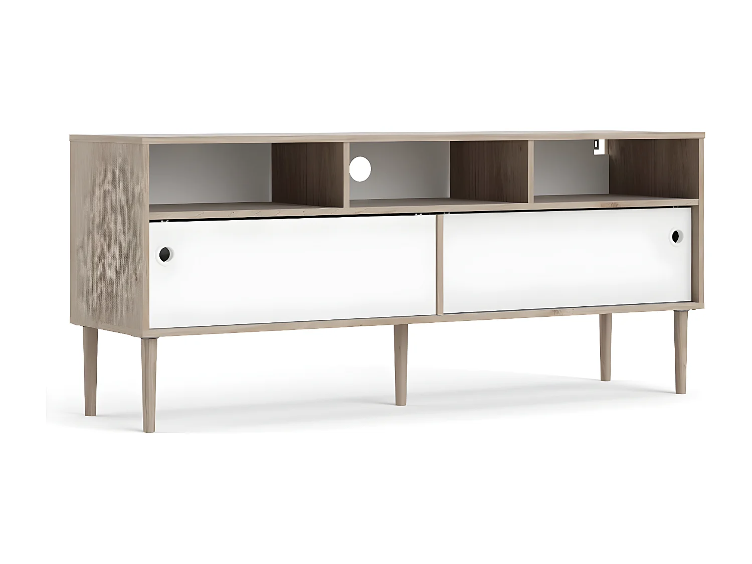 Penny TV Tisch 2 Schiebetüren und 3 Fächer Hickory-Dekor und Mattweiß.