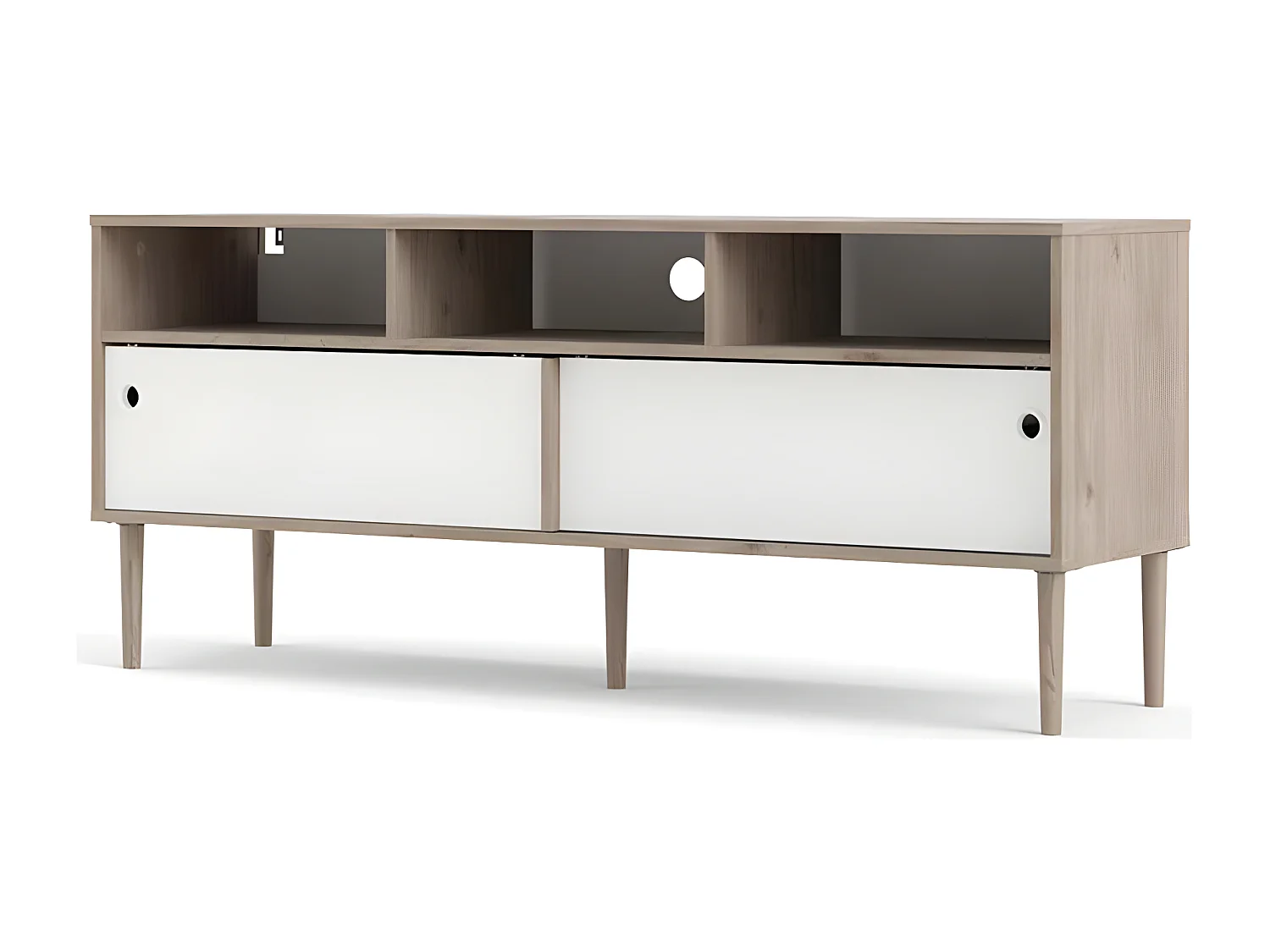 Penny TV Tisch 2 Schiebetüren und 3 Fächer Hickory-Dekor und Mattweiß.