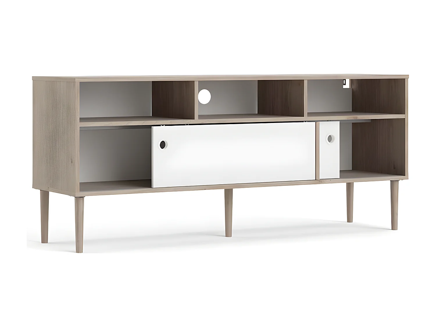Penny TV Tisch 2 Schiebetüren und 3 Fächer Hickory-Dekor und Mattweiß.