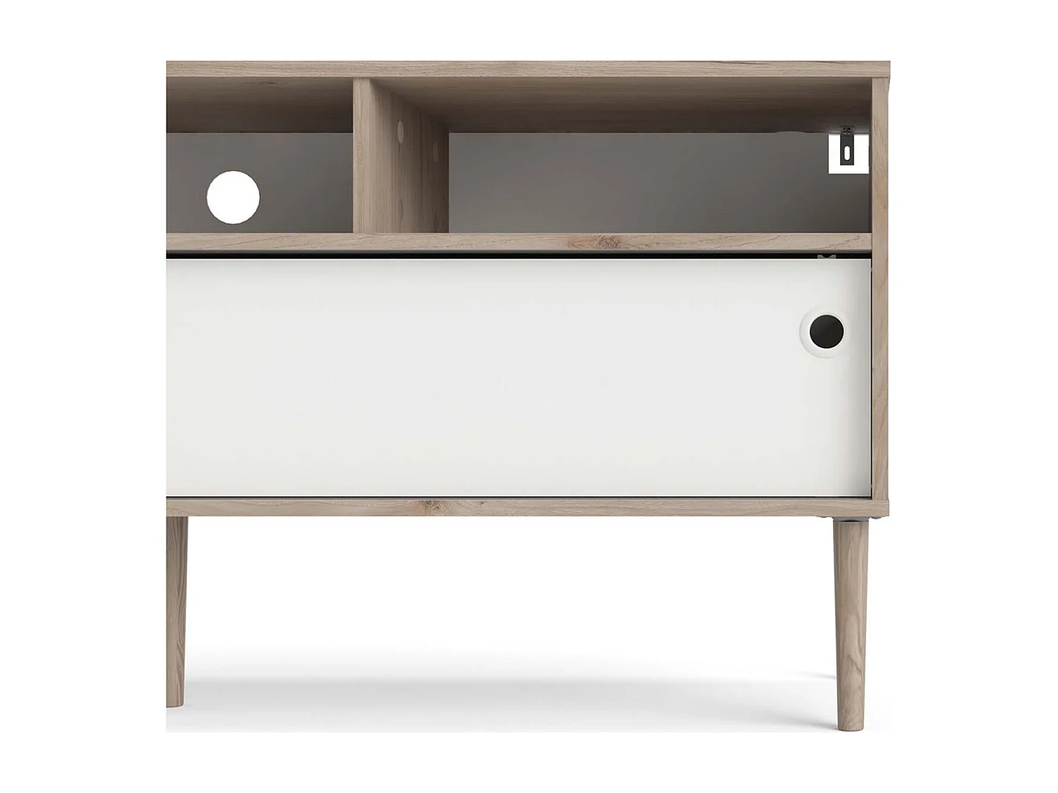 Penny TV Tisch 2 Schiebetüren und 3 Fächer Hickory-Dekor und Mattweiß.