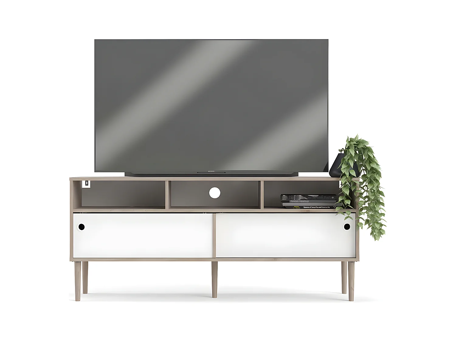 Penny TV Tisch 2 Schiebetüren und 3 Fächer Hickory-Dekor und Mattweiß.