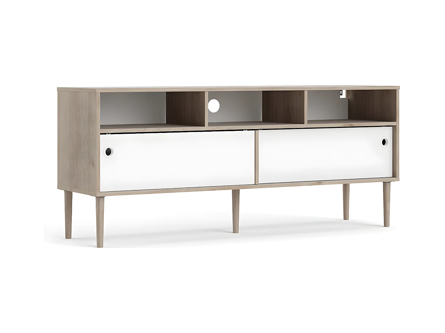 Penny Meuble TV, 2 portes coulissantes et 3 compartiments, imitation chêne Hickory, blanc mat.