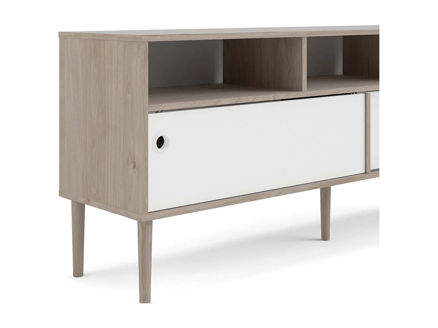 Penny Meuble TV, 2 portes coulissantes et 3 compartiments, imitation chêne Hickory, blanc mat.