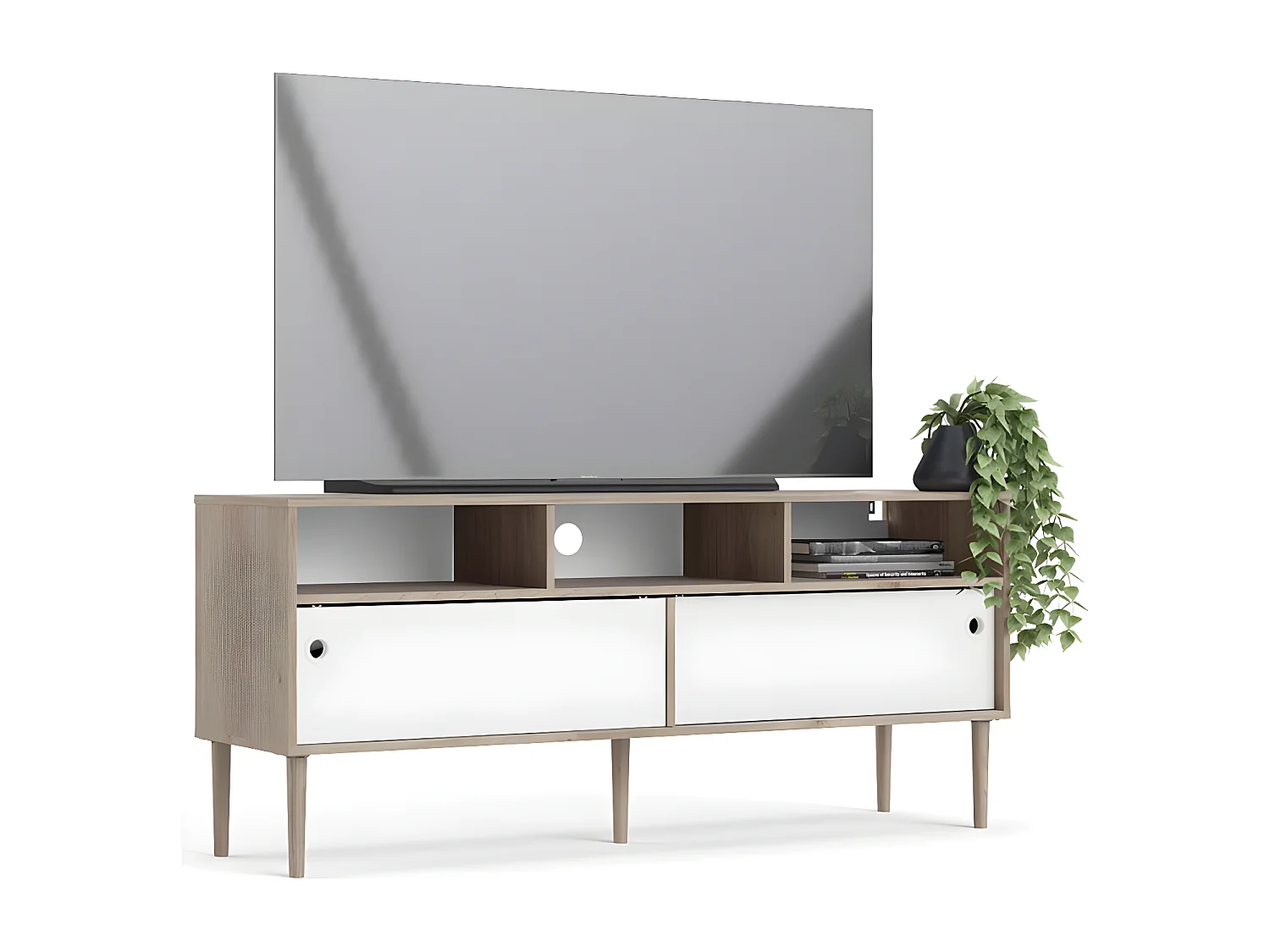 Penny Meuble TV, 2 portes coulissantes et 3 compartiments, imitation chêne Hickory, blanc mat.