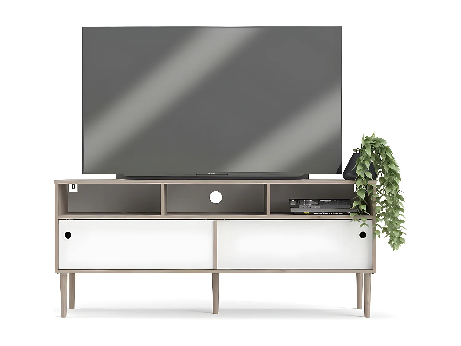 Penny Meuble TV, 2 portes coulissantes et 3 compartiments, imitation chêne Hickory, blanc mat.