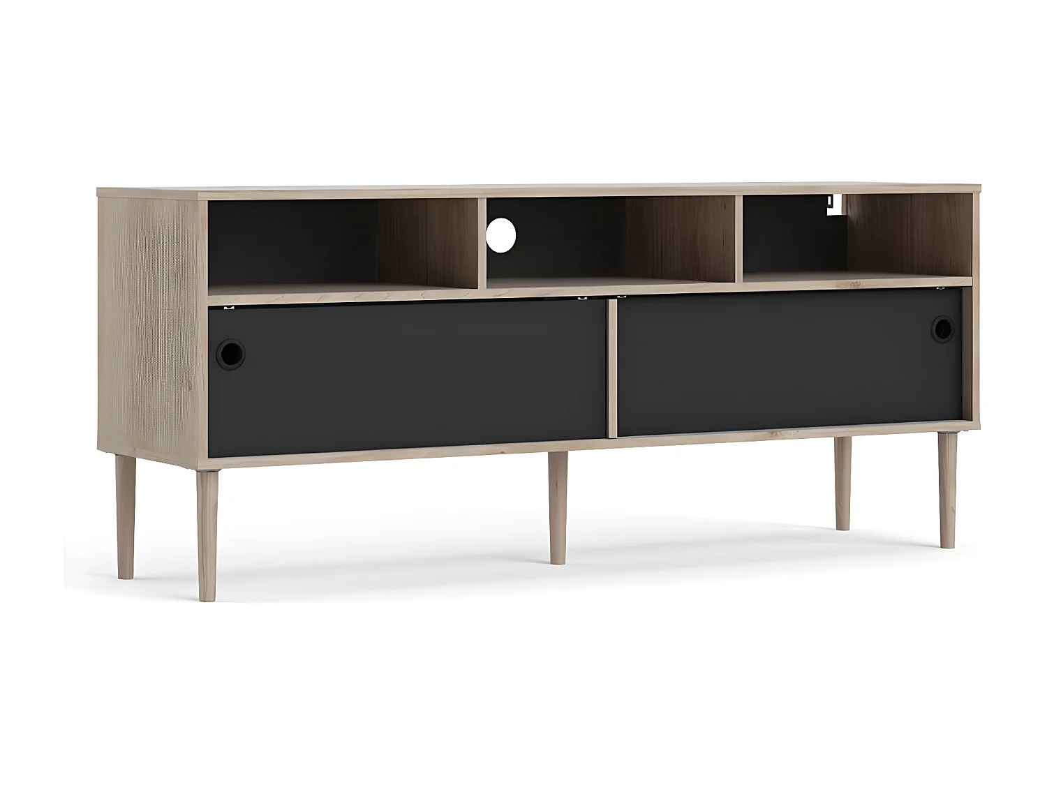 Penny TV Tisch 2 Schiebetüren und 3 Fächer Hickory-Dekor und matt schwarz.