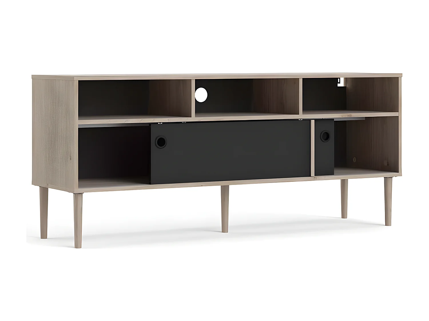 Penny TV Tisch 2 Schiebetüren und 3 Fächer Hickory-Dekor und matt schwarz.